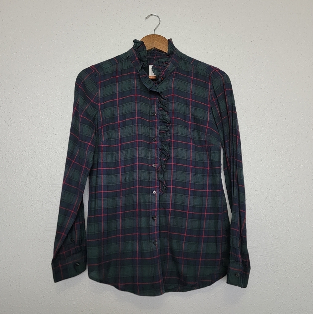 GAP Green Plaid Ruffled The Fitted Boyfriend Shirt Button Down Shirt